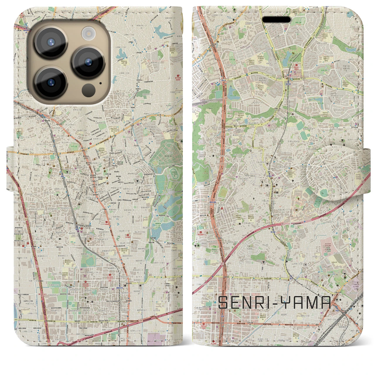 【千里山】地図柄iPhoneケース（手帳両面タイプ・ナチュラル）iPhone 14 Pro Max 用