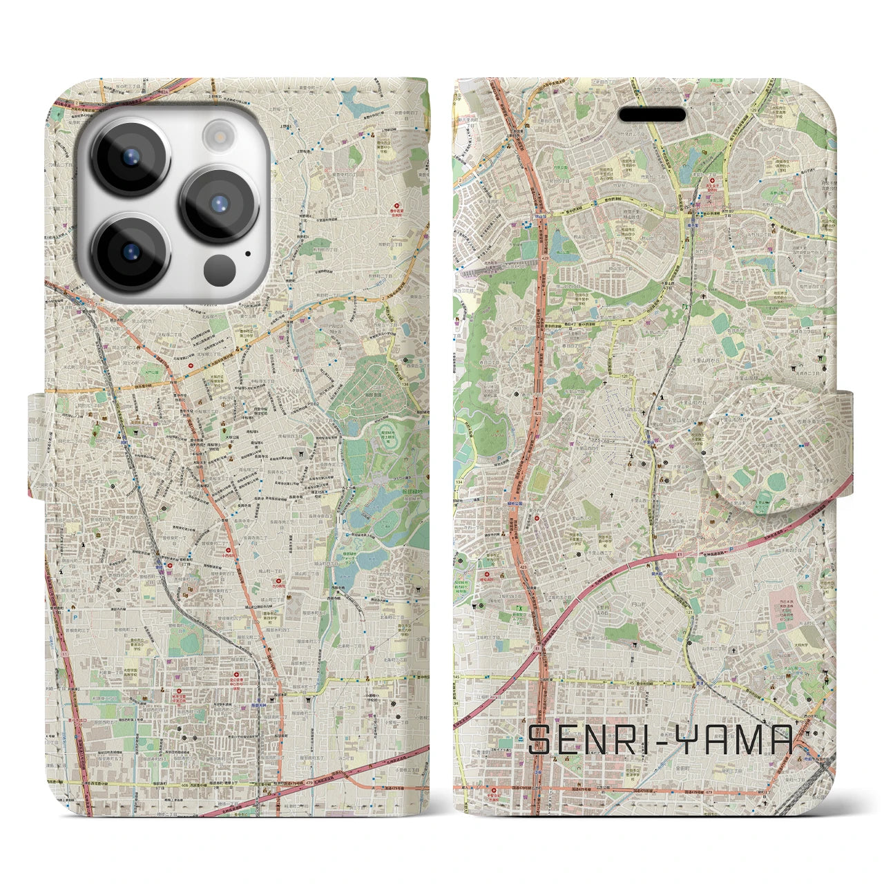 【千里山】地図柄iPhoneケース（手帳両面タイプ・ナチュラル）iPhone 14 Pro 用