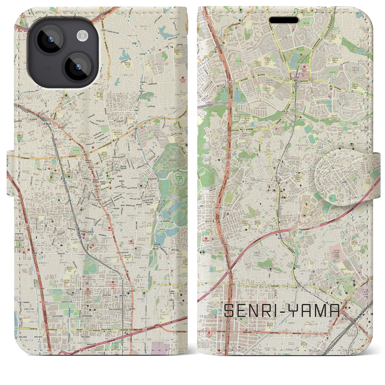 【千里山】地図柄iPhoneケース（手帳両面タイプ・ナチュラル）iPhone 14 Plus 用