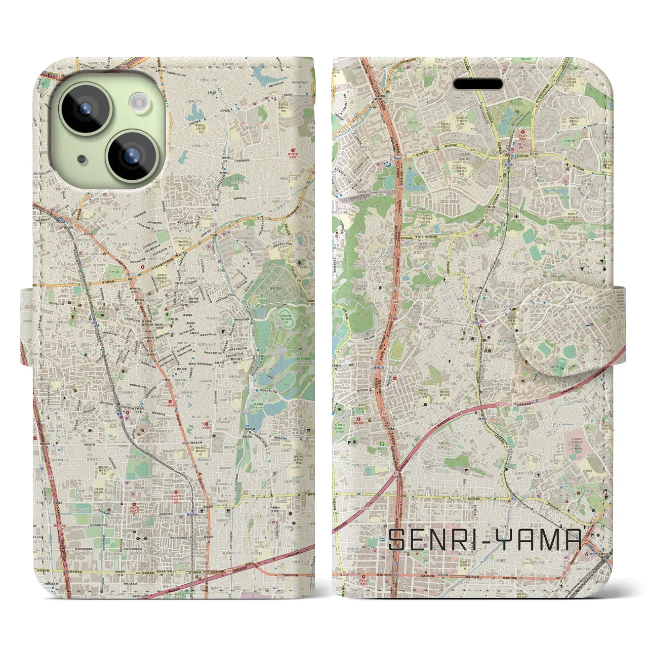 【千里山】地図柄iPhoneケース（手帳両面タイプ・ナチュラル）iPhone 15 用