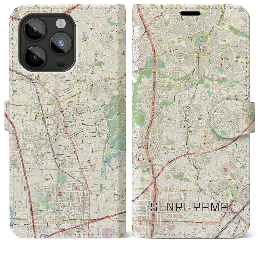 【千里山】地図柄iPhoneケース（手帳両面タイプ・ナチュラル）iPhone 15 Pro Max 用