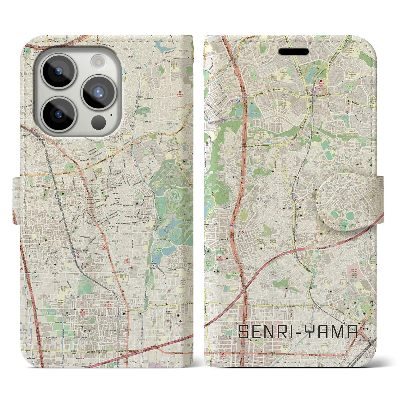 【千里山】地図柄iPhoneケース（手帳両面タイプ・ナチュラル）iPhone 15 Pro 用