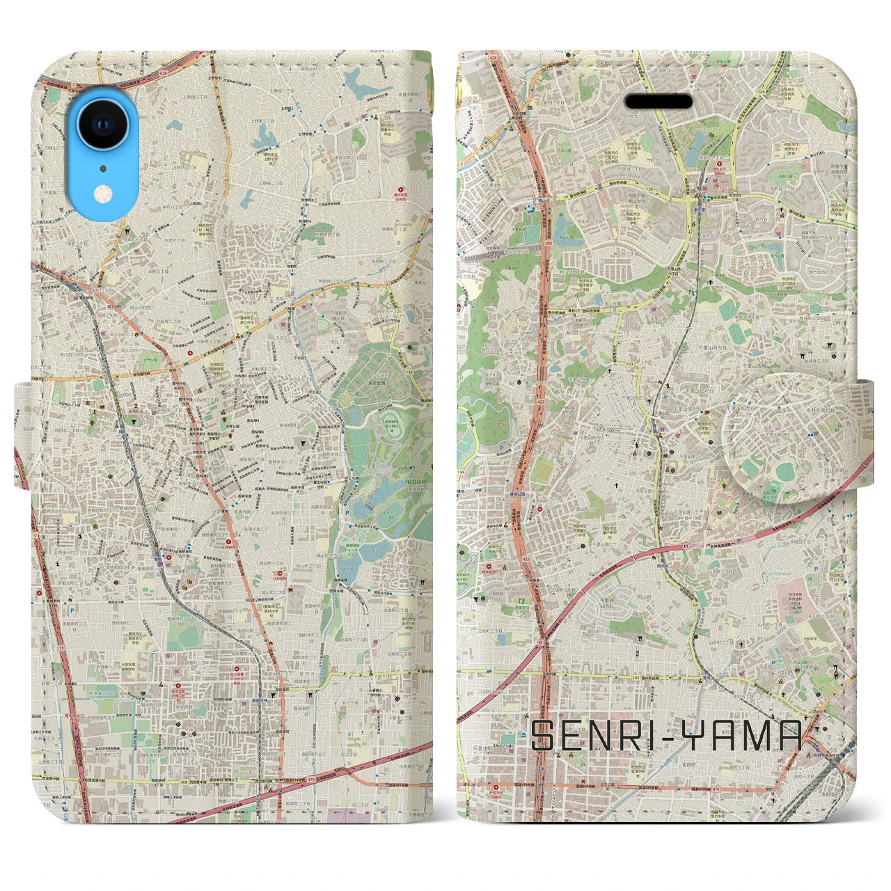 【千里山】地図柄iPhoneケース（手帳両面タイプ・ナチュラル）iPhone XR 用