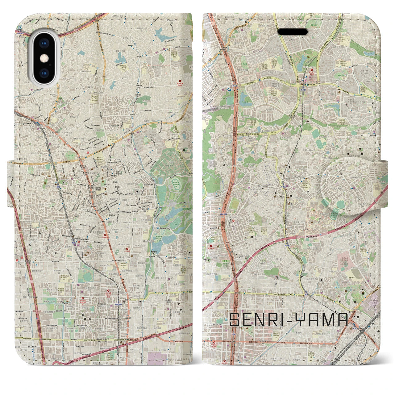 【千里山】地図柄iPhoneケース（手帳両面タイプ・ナチュラル）iPhone XS Max 用
