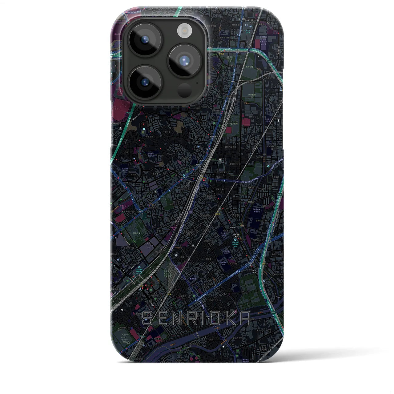 【千里丘】地図柄iPhoneケース（バックカバータイプ・ブラック）iPhone 15 Pro Max 用