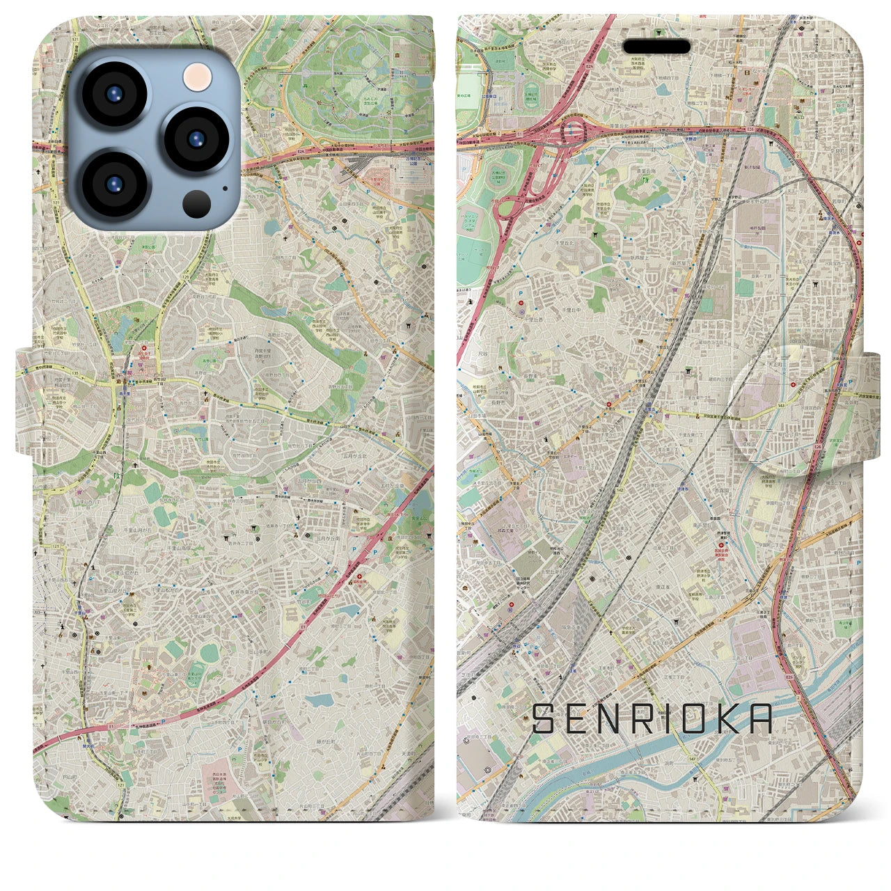 【千里丘】地図柄iPhoneケース（手帳両面タイプ・ナチュラル）iPhone 13 Pro Max 用
