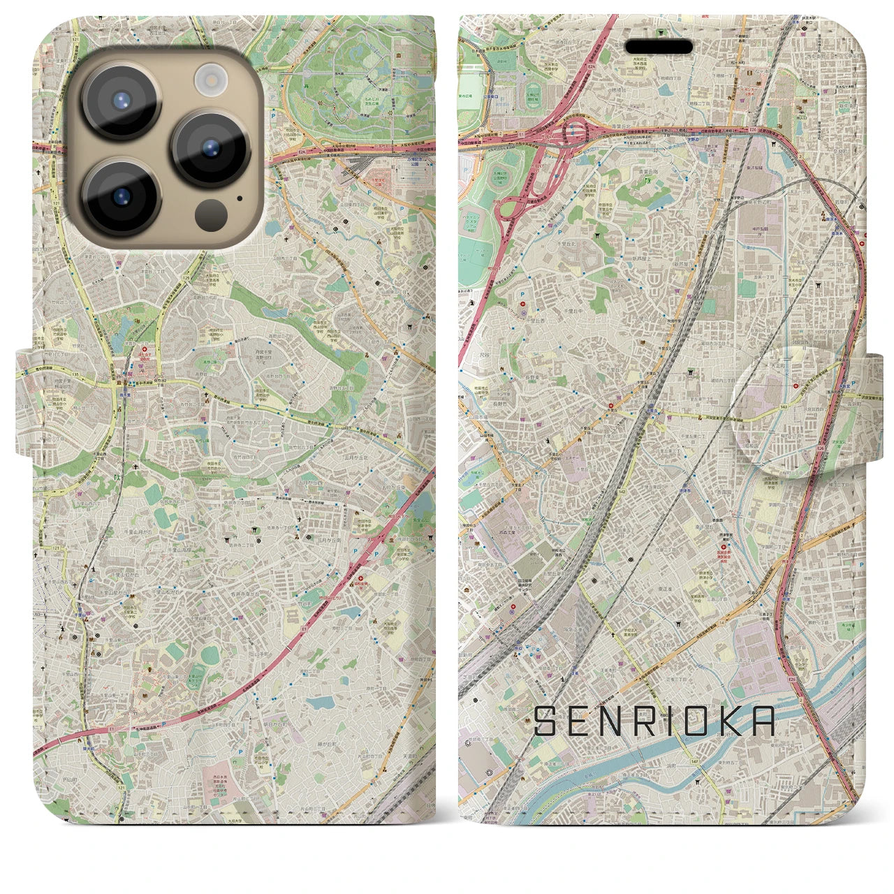 【千里丘】地図柄iPhoneケース（手帳両面タイプ・ナチュラル）iPhone 14 Pro Max 用
