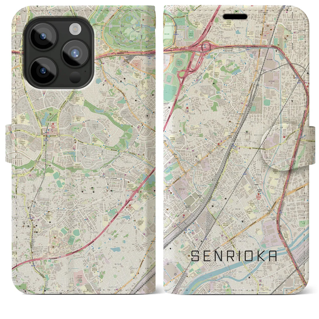 【千里丘】地図柄iPhoneケース（手帳両面タイプ・ナチュラル）iPhone 15 Pro Max 用