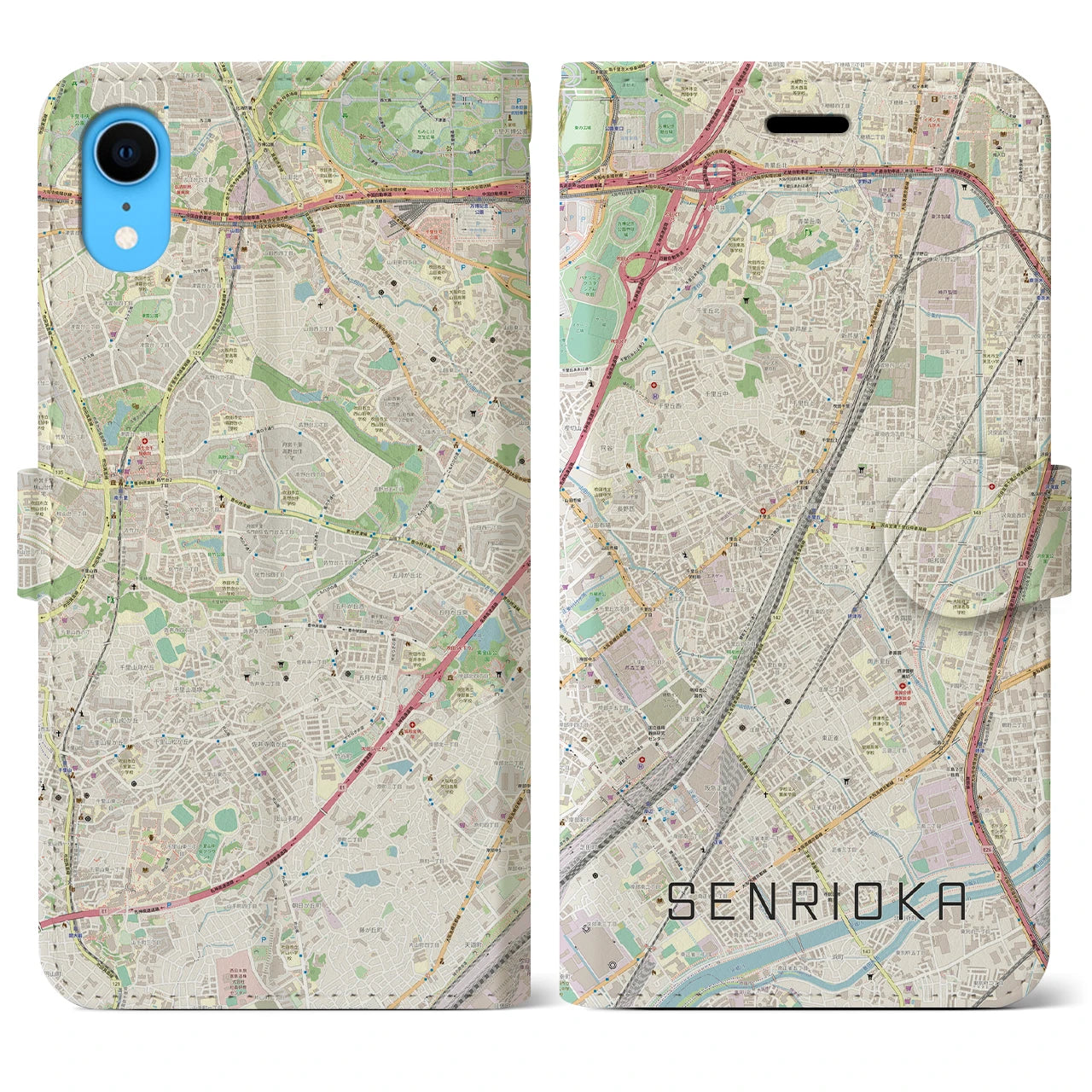 【千里丘】地図柄iPhoneケース（手帳両面タイプ・ナチュラル）iPhone XR 用