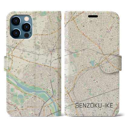 【洗足池（東京都）】地図柄iPhoneケース（手帳タイプ）ナチュラル・iPhone 12 / 12 Pro 用