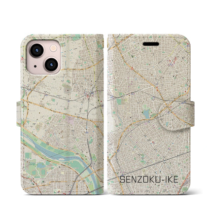 【洗足池（東京都）】地図柄iPhoneケース（手帳タイプ）ナチュラル・iPhone 13 mini 用
