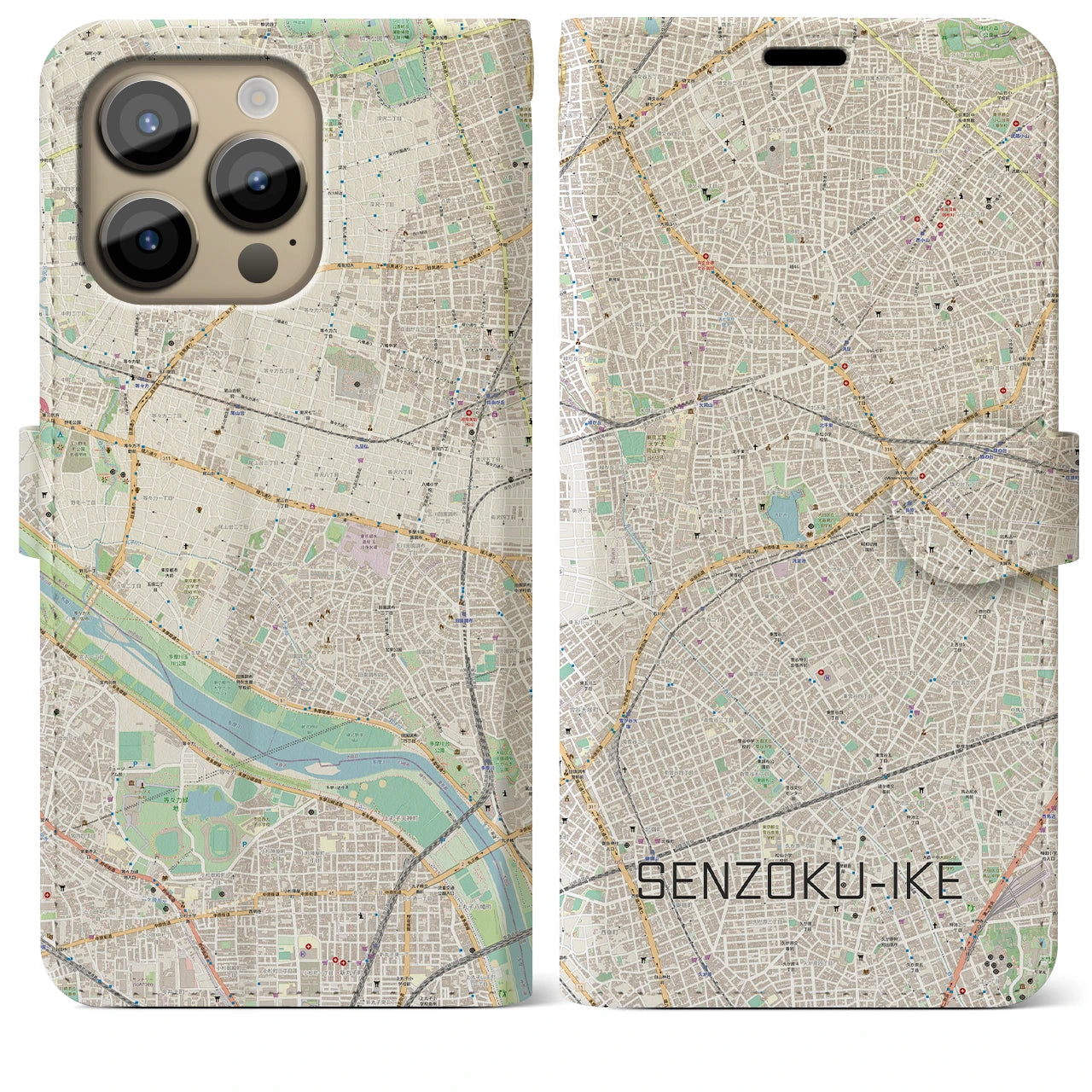 【洗足池】地図柄iPhoneケース（手帳両面タイプ・ナチュラル）iPhone 14 Pro Max 用