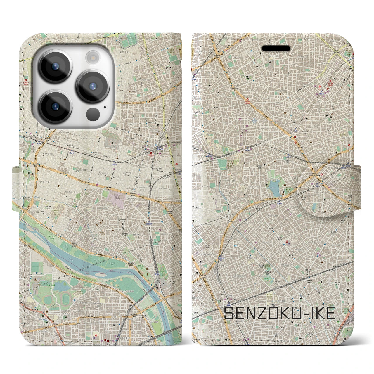 【洗足池】地図柄iPhoneケース（手帳両面タイプ・ナチュラル）iPhone 14 Pro 用