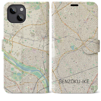 【洗足池（東京都）】地図柄iPhoneケース（手帳タイプ）ナチュラル・iPhone 14 Plus 用