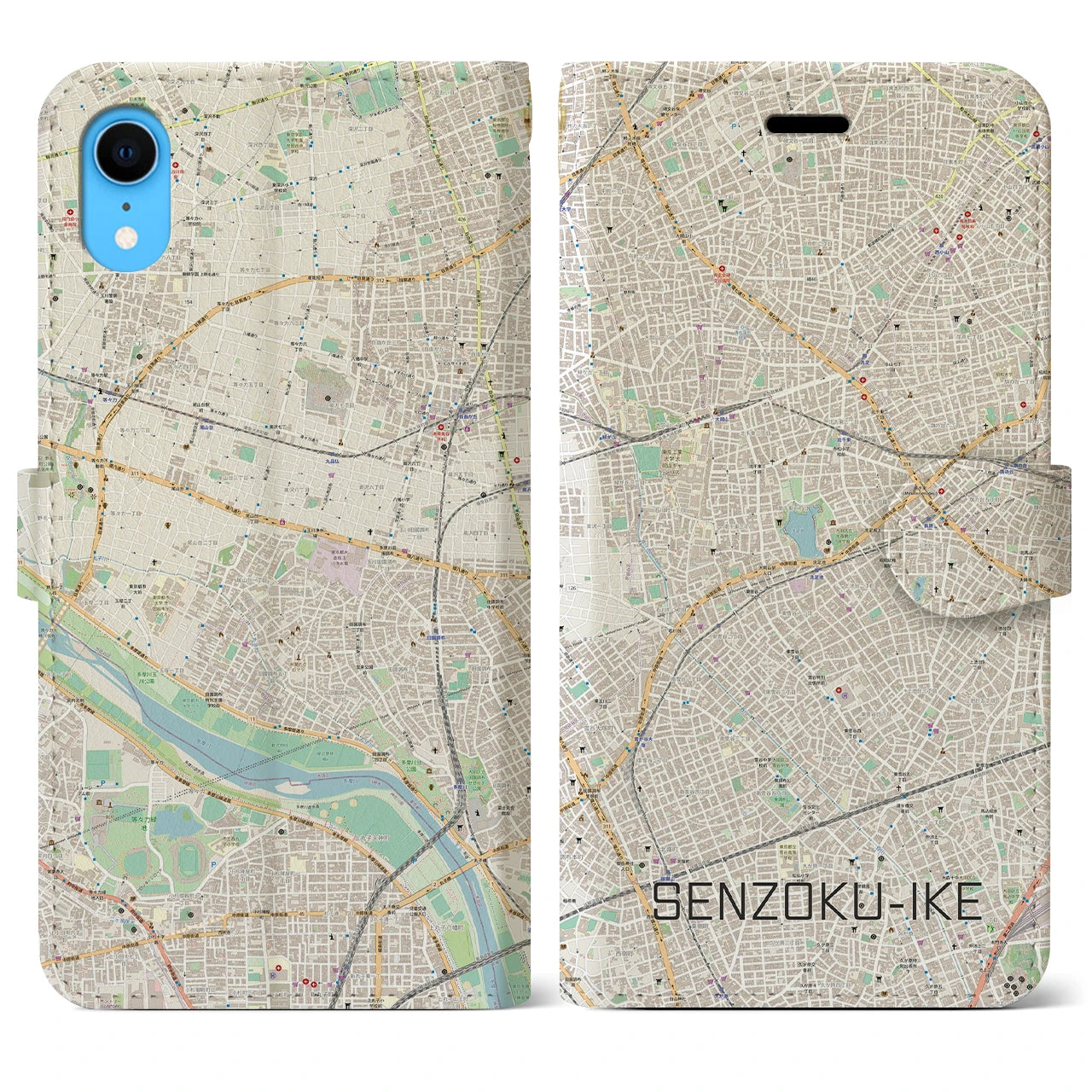 【洗足池】地図柄iPhoneケース（手帳両面タイプ・ナチュラル）iPhone XR 用