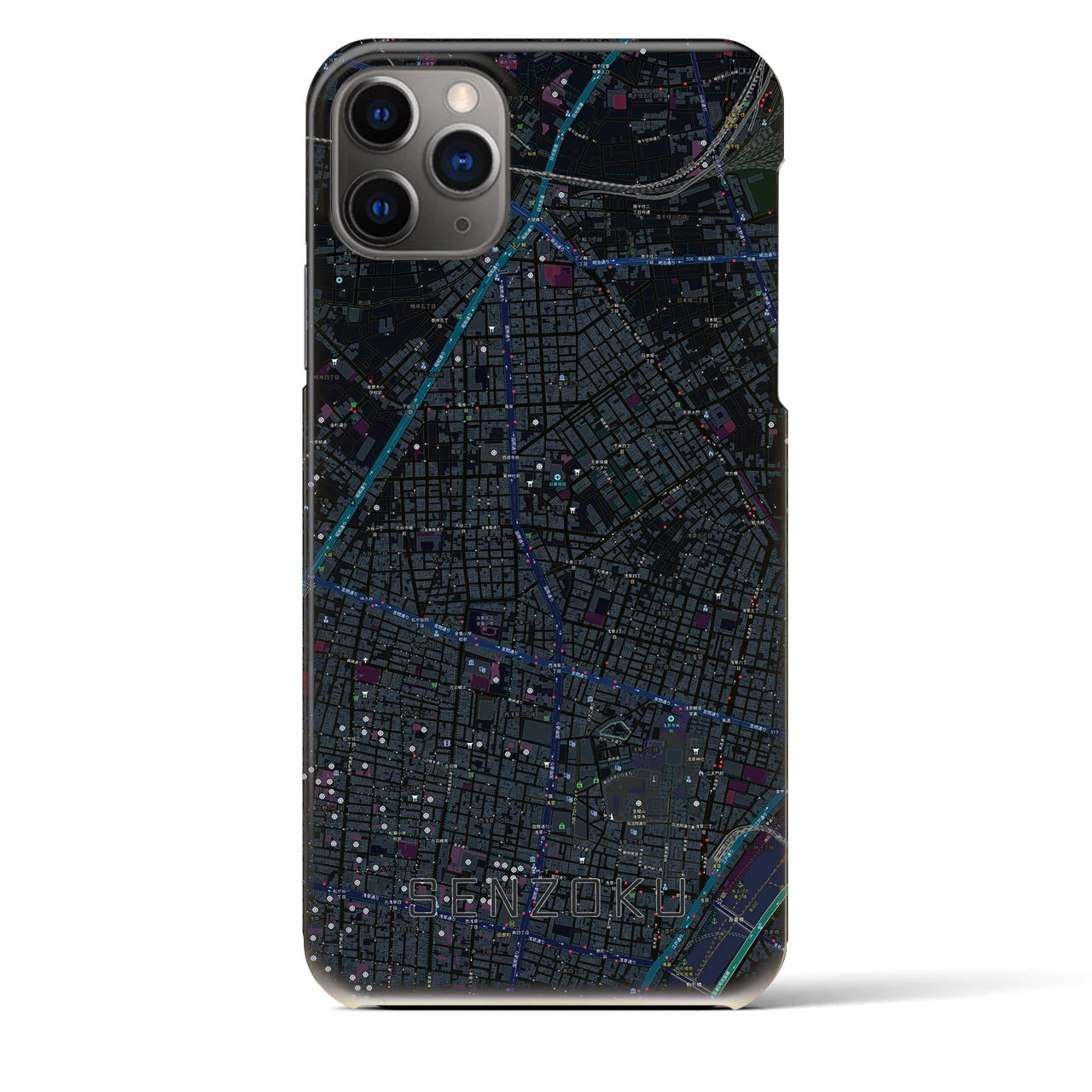 【千束】地図柄iPhoneケース（バックカバータイプ・ブラック）iPhone 11 Pro Max 用
