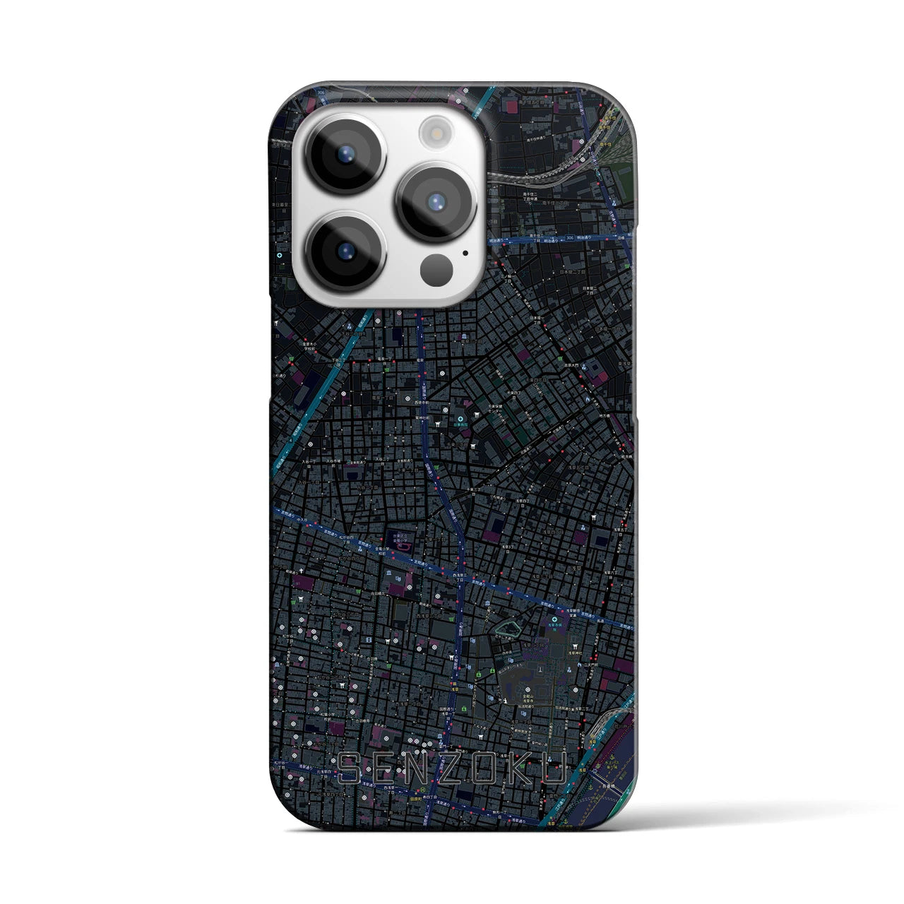 【千束】地図柄iPhoneケース（バックカバータイプ・ブラック）iPhone 14 Pro 用