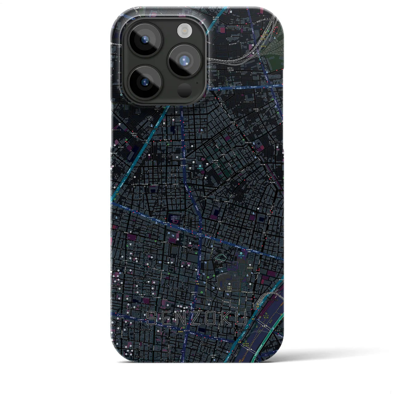 【千束】地図柄iPhoneケース（バックカバータイプ・ブラック）iPhone 15 Pro Max 用