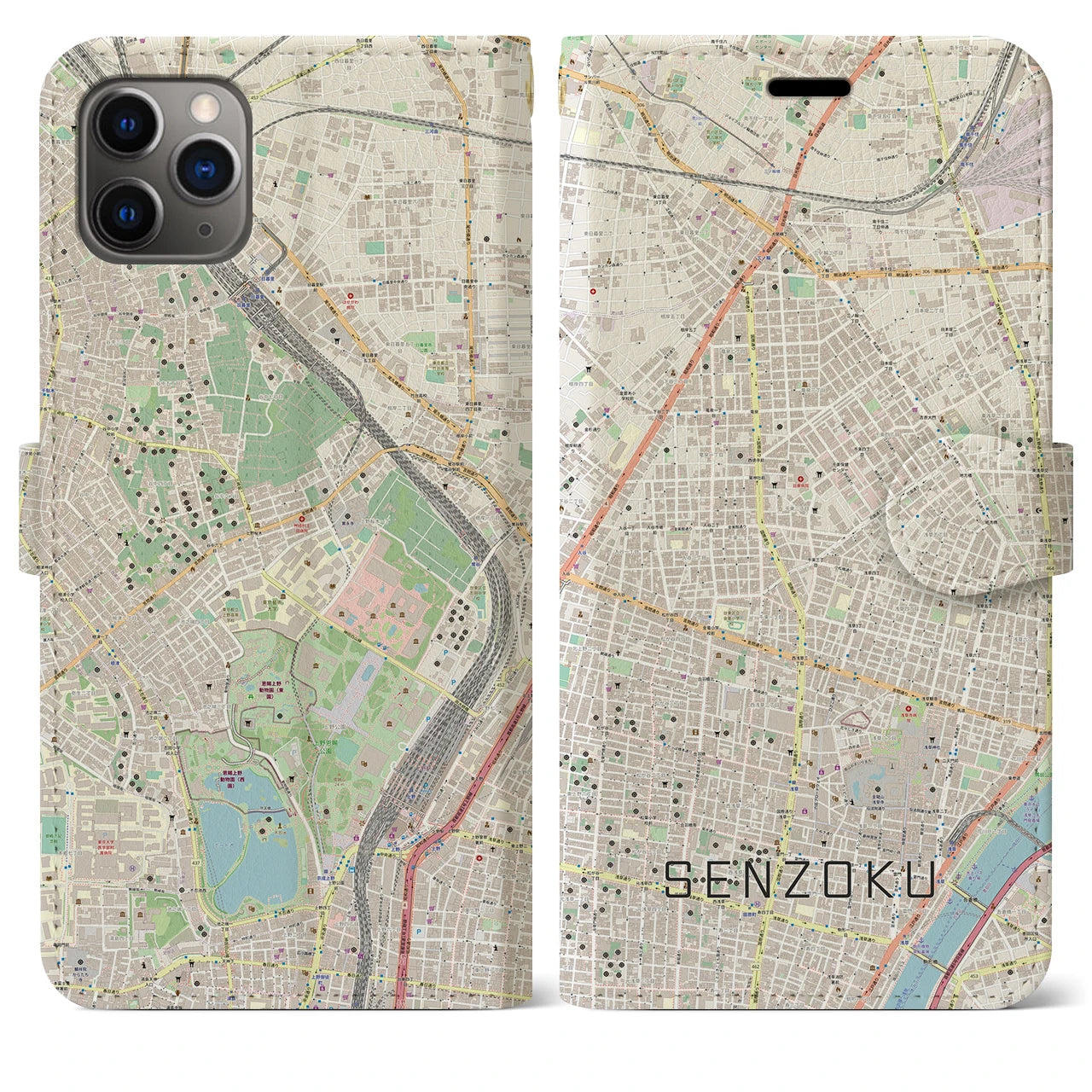 【千束】地図柄iPhoneケース（手帳両面タイプ・ナチュラル）iPhone 11 Pro Max 用
