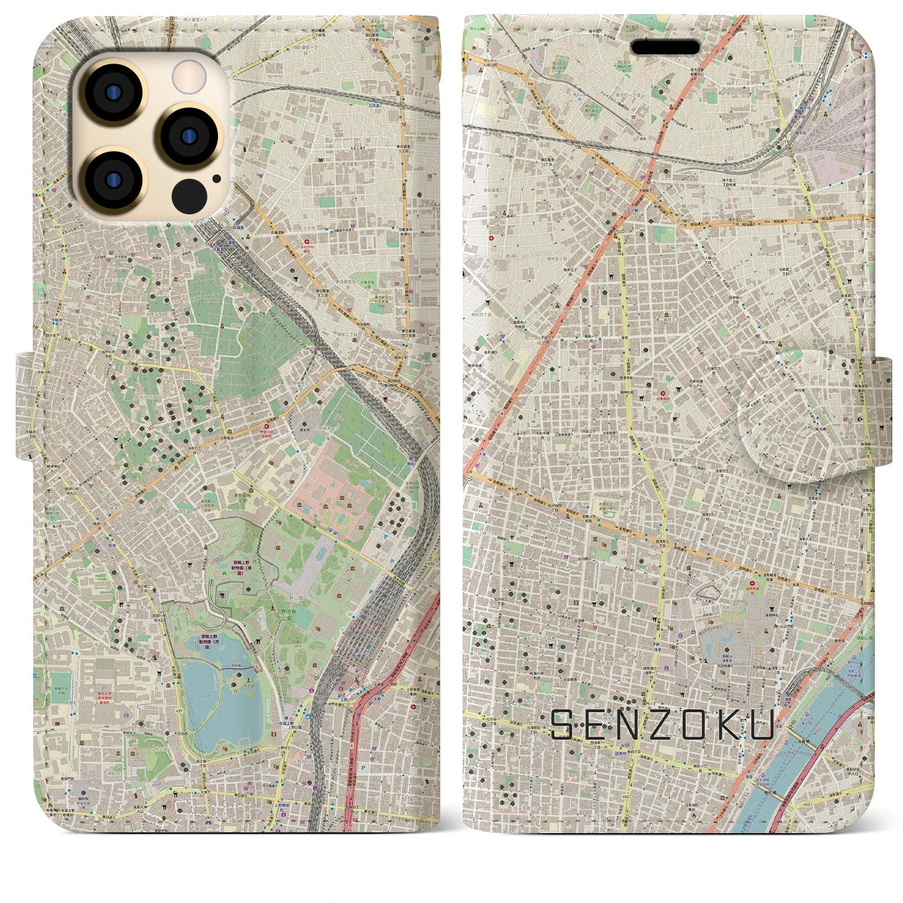 【千束】地図柄iPhoneケース（手帳両面タイプ・ナチュラル）iPhone 12 Pro Max 用