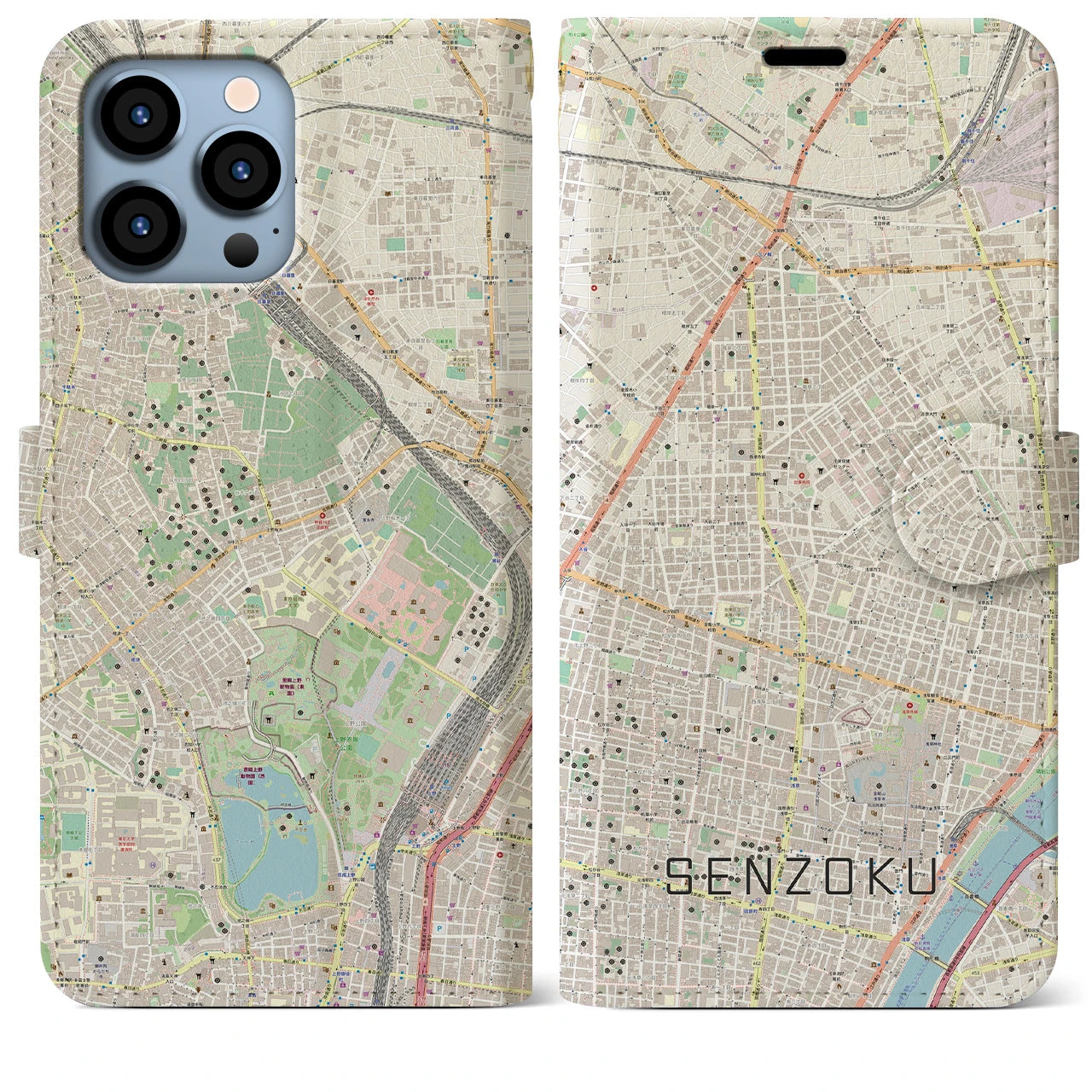 【千束】地図柄iPhoneケース（手帳両面タイプ・ナチュラル）iPhone 13 Pro Max 用