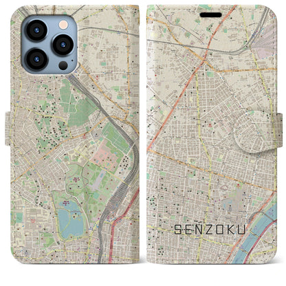【千束（東京都）】地図柄iPhoneケース（手帳タイプ）ナチュラル・iPhone 13 Pro Max 用