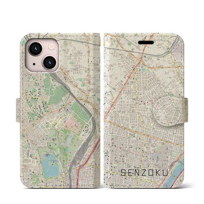 【千束（東京都）】地図柄iPhoneケース（手帳タイプ）ナチュラル・iPhone 13 mini 用