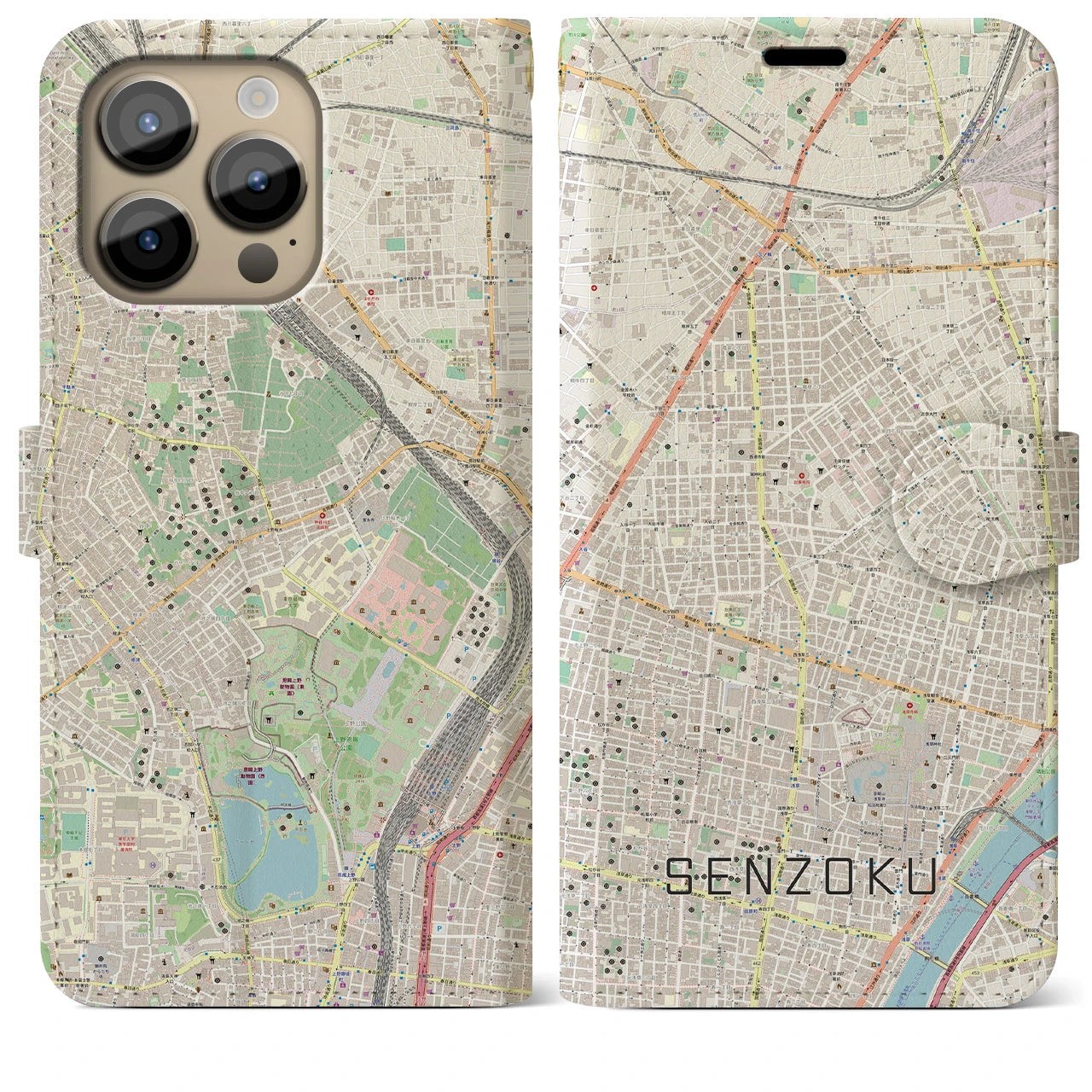 【千束】地図柄iPhoneケース（手帳両面タイプ・ナチュラル）iPhone 14 Pro Max 用