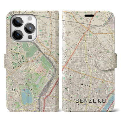 【千束（東京都）】地図柄iPhoneケース（手帳タイプ）ナチュラル・iPhone 14 Pro 用