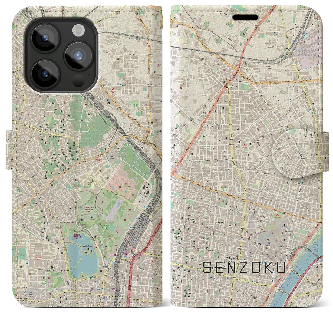 【千束】地図柄iPhoneケース（手帳両面タイプ・ナチュラル）iPhone 15 Pro Max 用