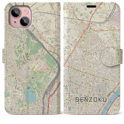 【千束（東京都）】地図柄iPhoneケース（手帳タイプ）ナチュラル・iPhone 15 Plus 用