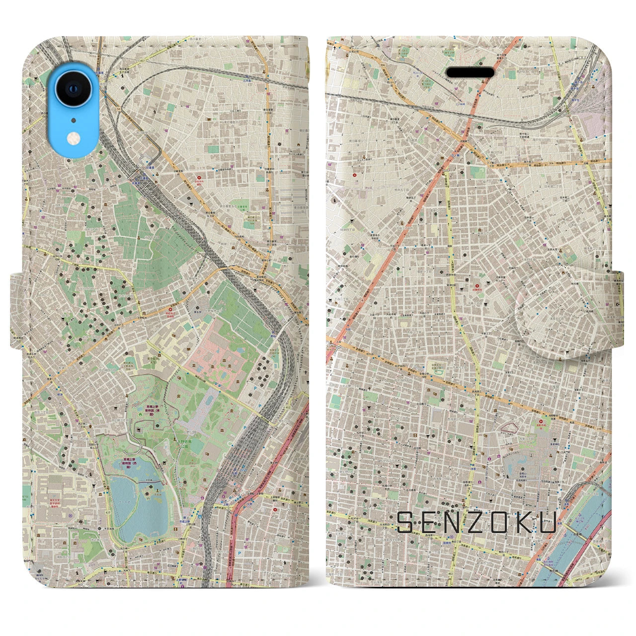 【千束】地図柄iPhoneケース（手帳両面タイプ・ナチュラル）iPhone XR 用