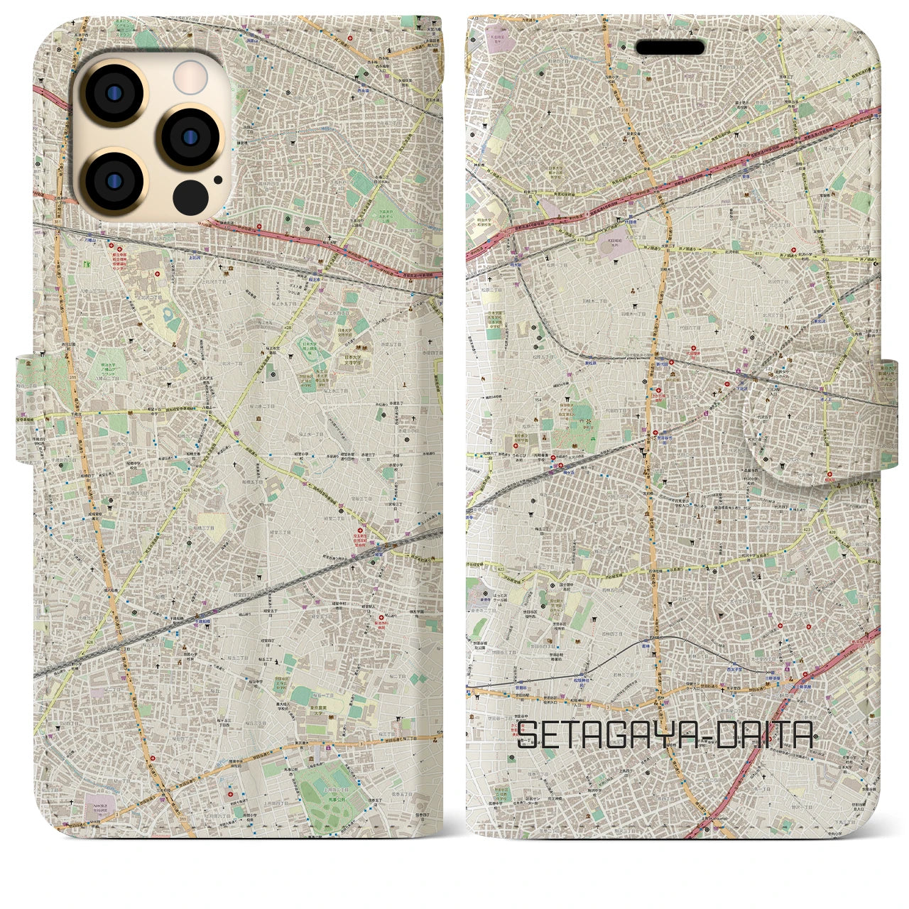 【世田谷代田】地図柄iPhoneケース（手帳両面タイプ・ナチュラル）iPhone 12 Pro Max 用