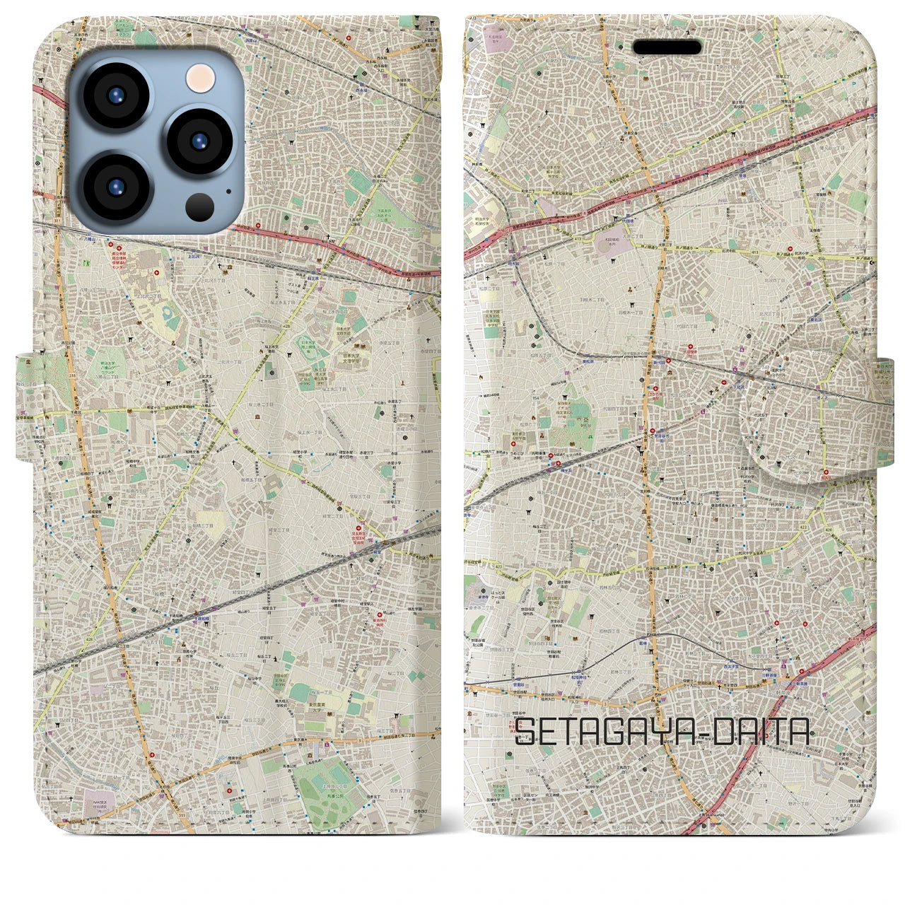 【世田谷代田】地図柄iPhoneケース（手帳両面タイプ・ナチュラル）iPhone 13 Pro Max 用