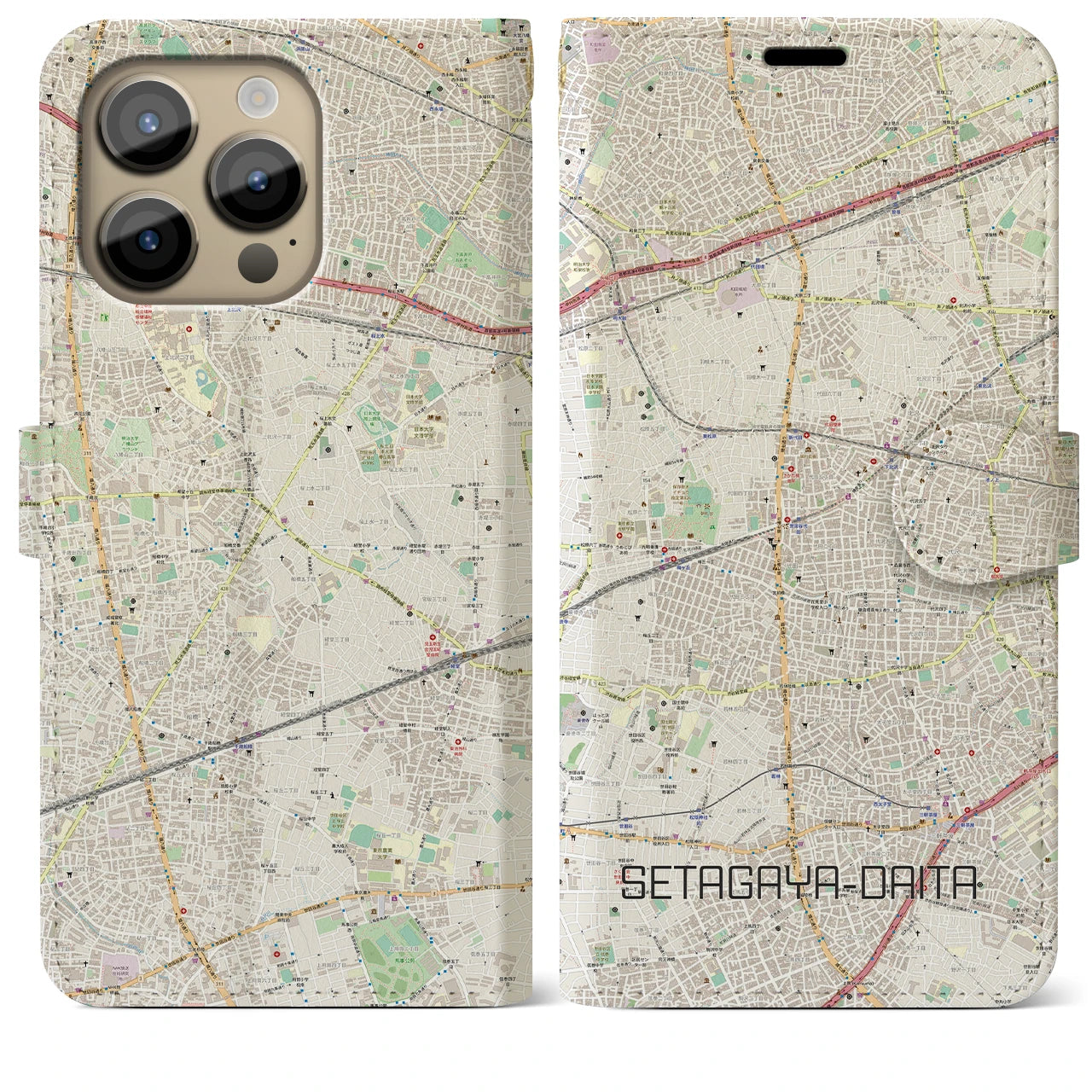 【世田谷代田】地図柄iPhoneケース（手帳両面タイプ・ナチュラル）iPhone 14 Pro Max 用