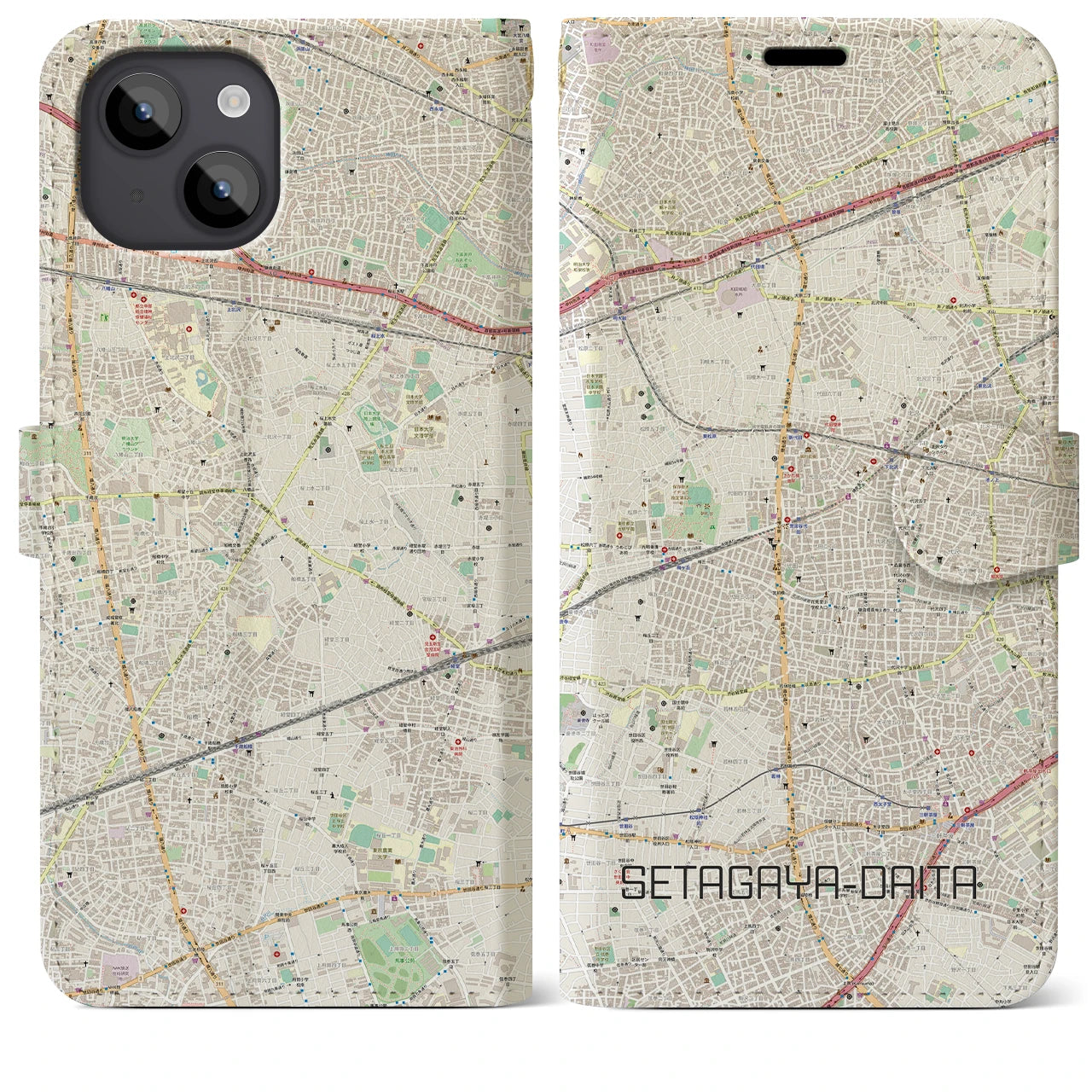【世田谷代田】地図柄iPhoneケース（手帳両面タイプ・ナチュラル）iPhone 14 Plus 用