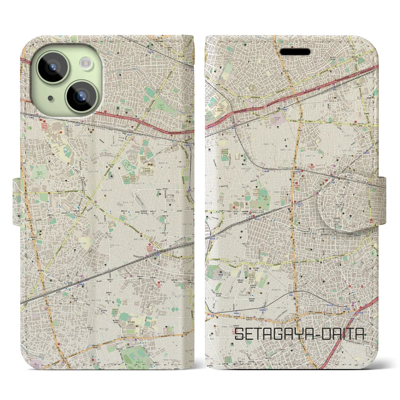 【世田谷代田】地図柄iPhoneケース（手帳両面タイプ・ナチュラル）iPhone 15 用