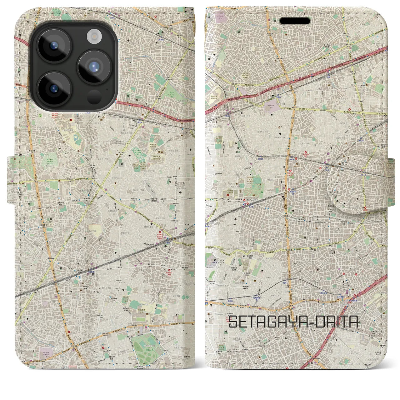 【世田谷代田】地図柄iPhoneケース（手帳両面タイプ・ナチュラル）iPhone 15 Pro Max 用