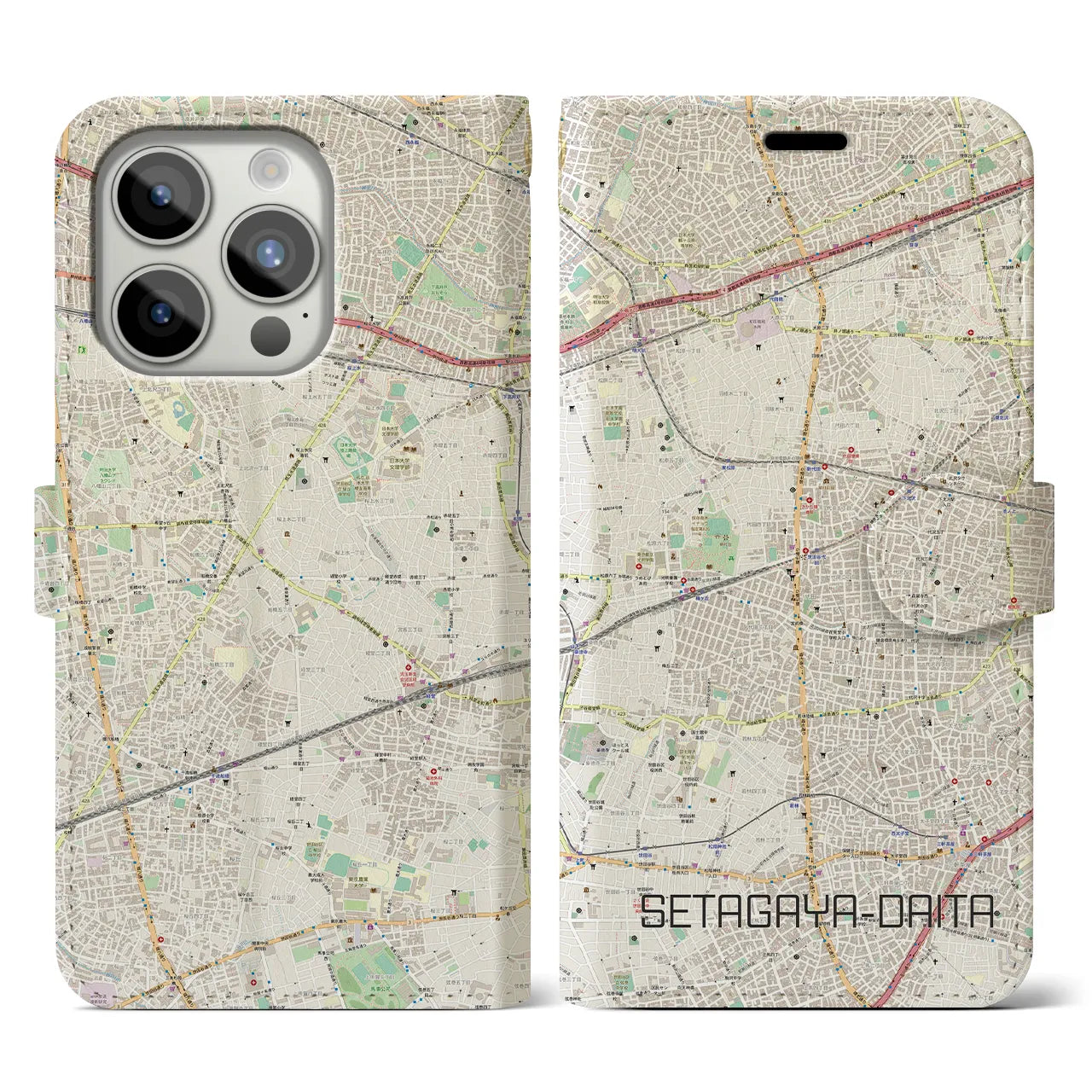 【世田谷代田】地図柄iPhoneケース（手帳両面タイプ・ナチュラル）iPhone 15 Pro 用