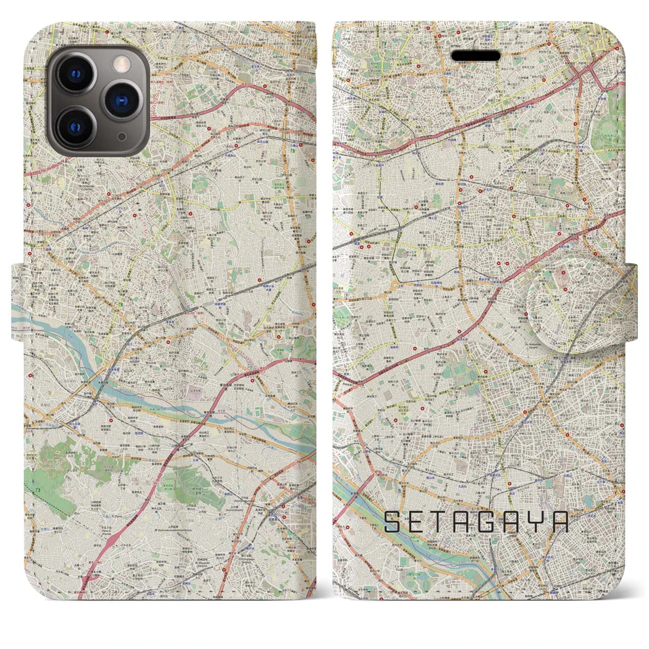 【世田谷2】地図柄iPhoneケース（手帳両面タイプ・ナチュラル）iPhone 11 Pro Max 用