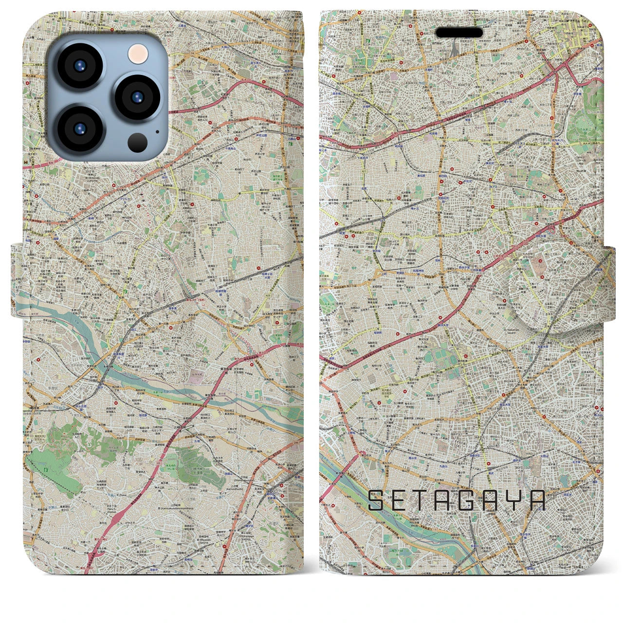 【世田谷2】地図柄iPhoneケース（手帳両面タイプ・ナチュラル）iPhone 13 Pro Max 用