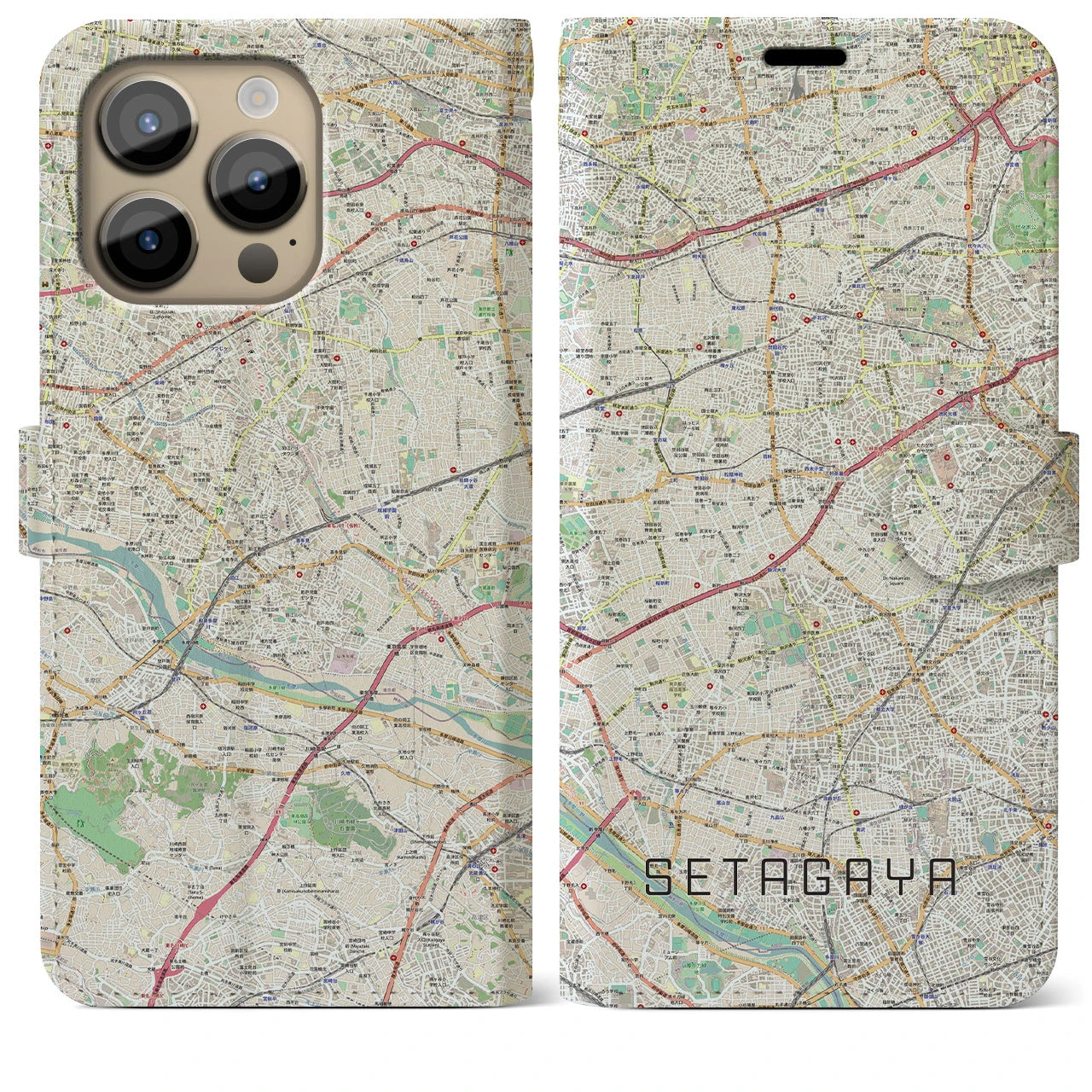 【世田谷2】地図柄iPhoneケース（手帳両面タイプ・ナチュラル）iPhone 14 Pro Max 用