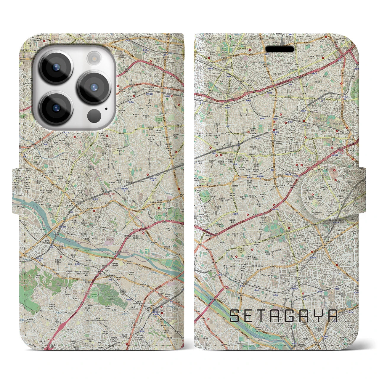 【世田谷2】地図柄iPhoneケース（手帳両面タイプ・ナチュラル）iPhone 14 Pro 用