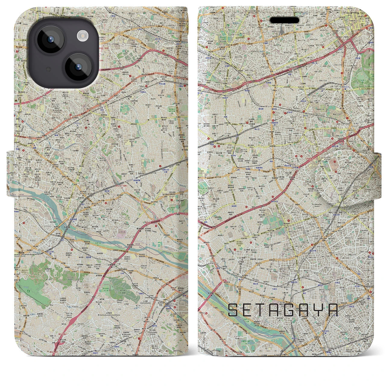 【世田谷2】地図柄iPhoneケース（手帳両面タイプ・ナチュラル）iPhone 14 Plus 用
