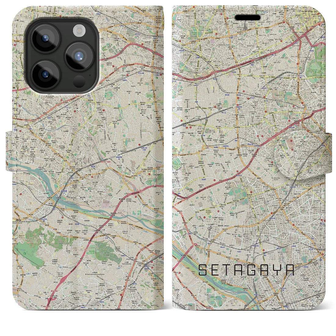 【世田谷2】地図柄iPhoneケース（手帳両面タイプ・ナチュラル）iPhone 15 Pro Max 用