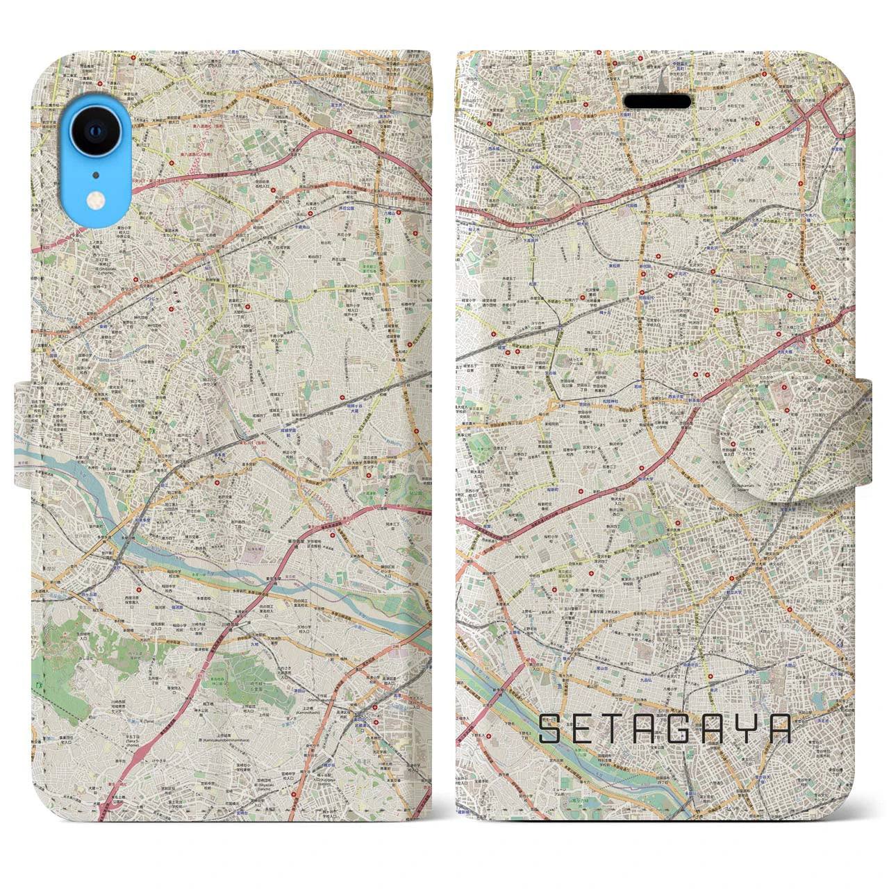 【世田谷2】地図柄iPhoneケース（手帳両面タイプ・ナチュラル）iPhone XR 用