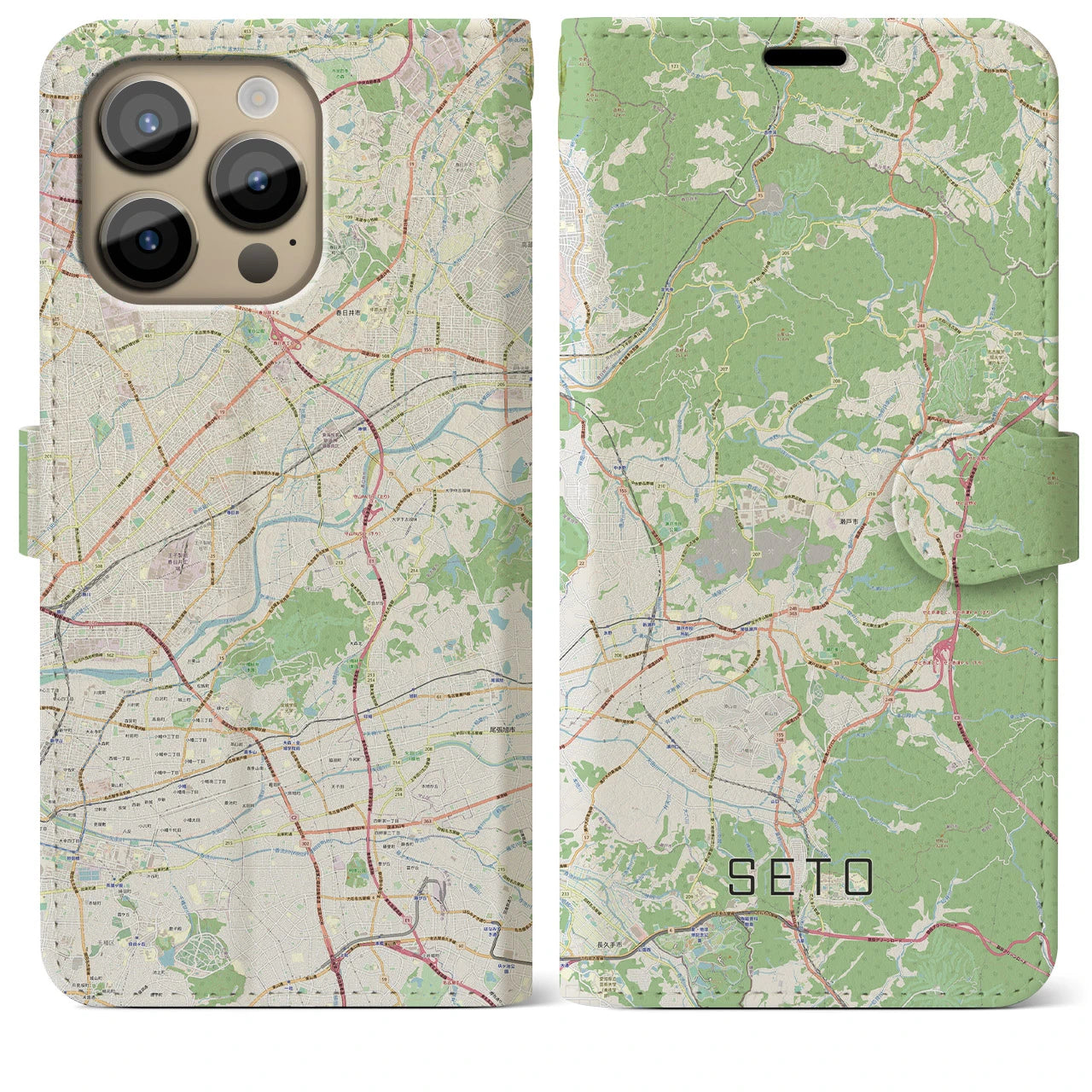 【瀬戸】地図柄iPhoneケース（手帳両面タイプ・ナチュラル）iPhone 14 Pro Max 用