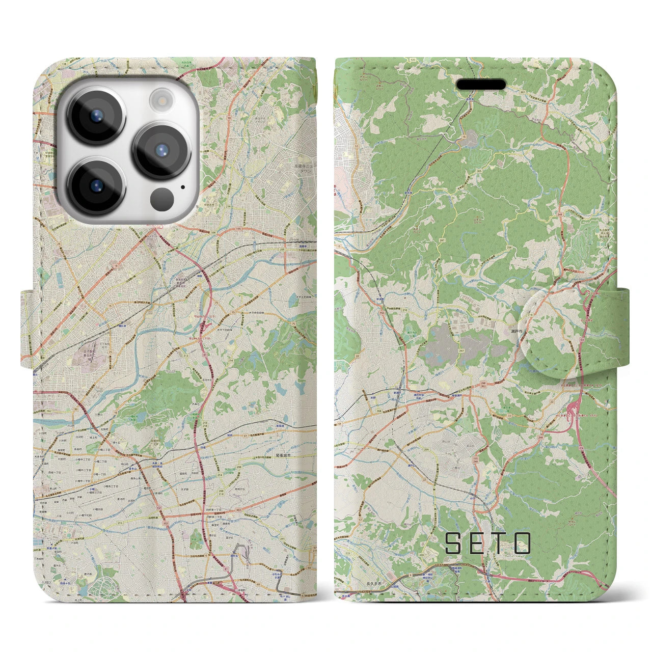 【瀬戸】地図柄iPhoneケース（手帳両面タイプ・ナチュラル）iPhone 14 Pro 用