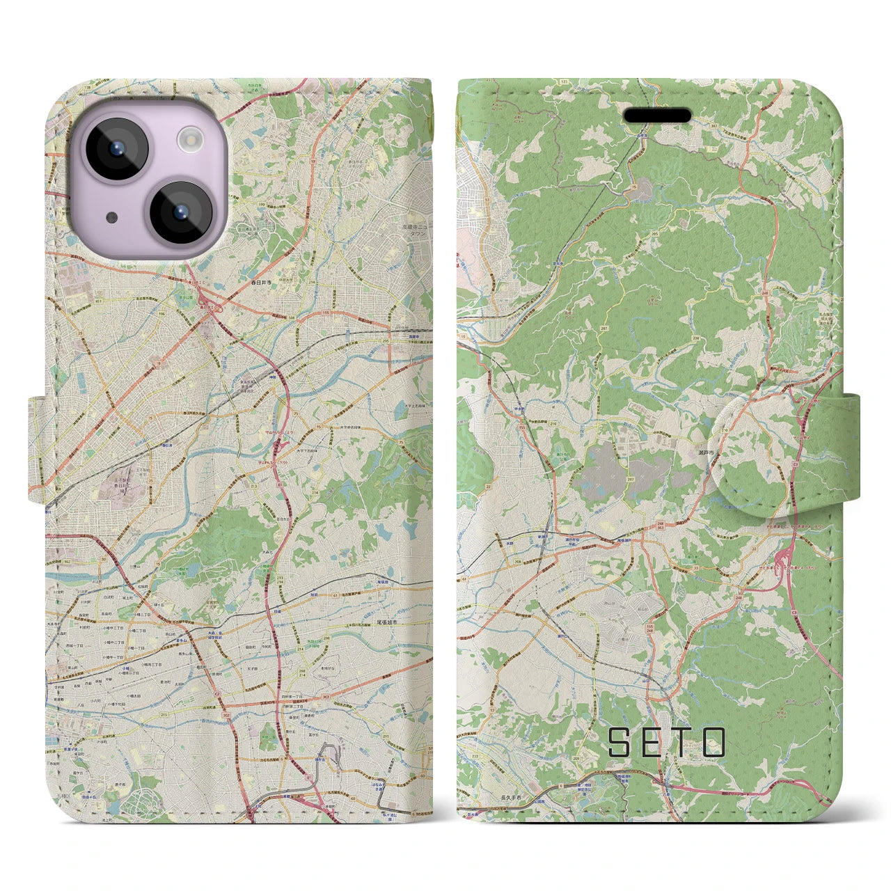 【瀬戸】地図柄iPhoneケース（手帳両面タイプ・ナチュラル）iPhone 14 用