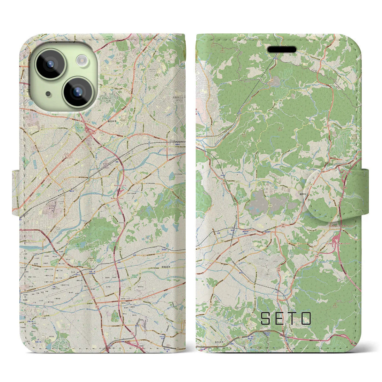 【瀬戸】地図柄iPhoneケース（手帳両面タイプ・ナチュラル）iPhone 15 用